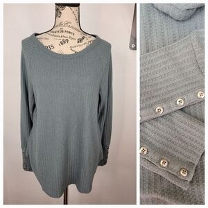 Chaser Sz L Waffle Knit Thermal Top Green Long Sleeve Button Cuffs